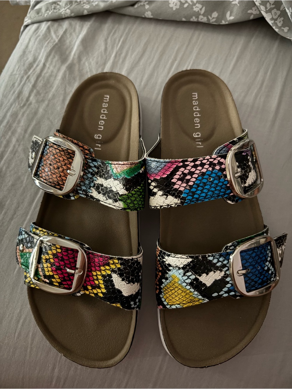 Madden Girl Multicolor Snake Print Buckle Slide Sandals